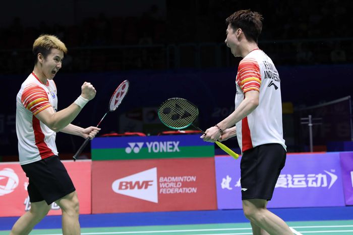 Marcus Fernaldi Gideon/Kevin Sanjaya Sukamuljo saat memenangi laga melawan Lee Yang/Wang Chi-Lin (Taiwan) pada babak perempat final Piala Sudirman 2019, di Guangxi Sports Center Gymnasium, Nanning, China, Jumat (24/5/2019).