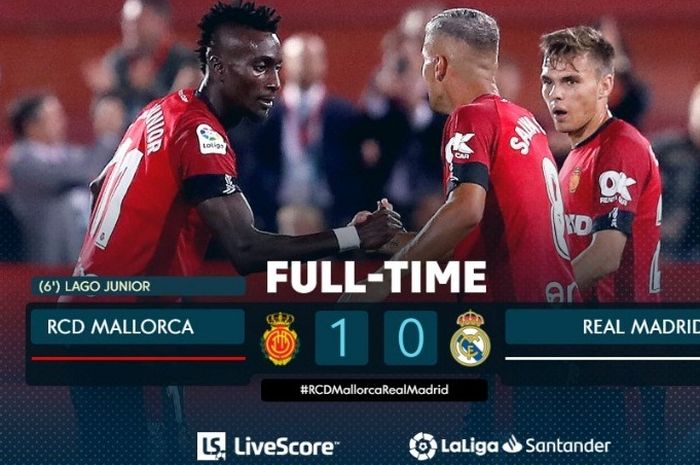 Para pemain Real Mallorca merayakan kemenangan atas Real Madrid di Son Moix, Sabtu (19/10/2019).