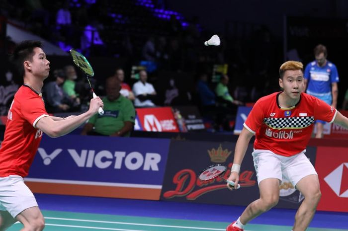 Pasangan ganda putra Indonesia, Marcus Fernaldi Gideon/Kevin Sanjaya Sukamuljo, tampil pada babak pertama Denmark Open 2019 di Odense Sportspark, Kamis (17/10/2019).