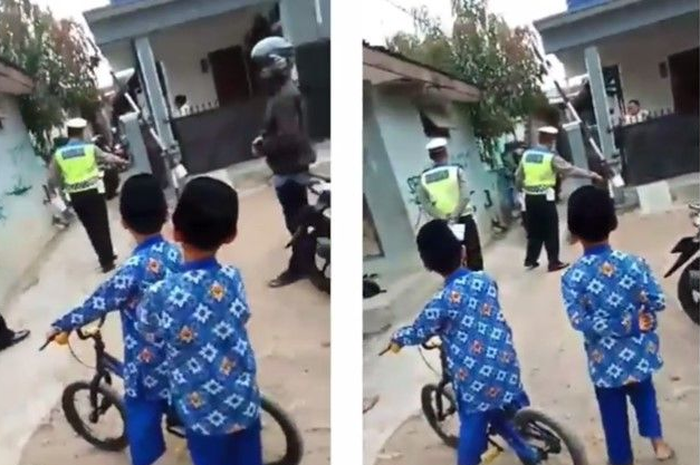 Ilustrasi polisi menggelar razia di gang atau jalan kampung.
