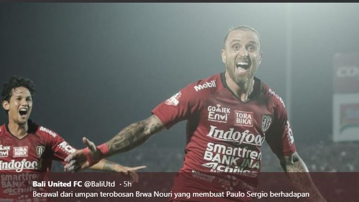 Paulo Sergio merayakan golnya untuk Bali United ke gawang Persija dalam partai Liga 1 di Stadion Kapten I Wayan Dipta Gianyar, 31 Mei 2019.