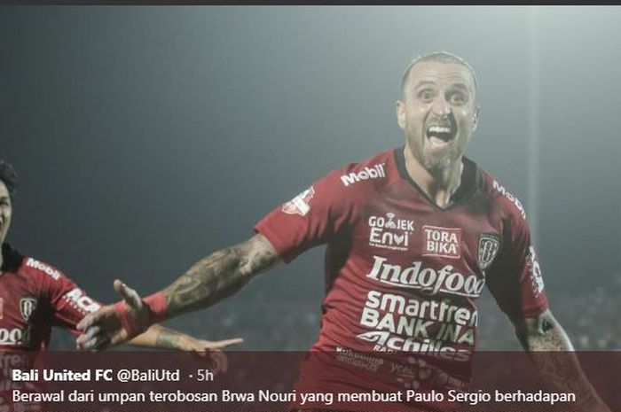 Paulo Sergio merayakan golnya untuk Bali United ke gawang Persija dalam partai Liga 1 di Stadion Kapten I Wayan Dipta Gianyar, 31 Mei 2019.