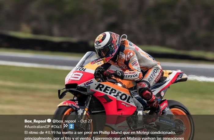 Aksi Pembalap Repsol Honda, Jorgre Lorenzo saat melakoni balapan MotoGP Australia 2019, MInggu (27/10/2019)