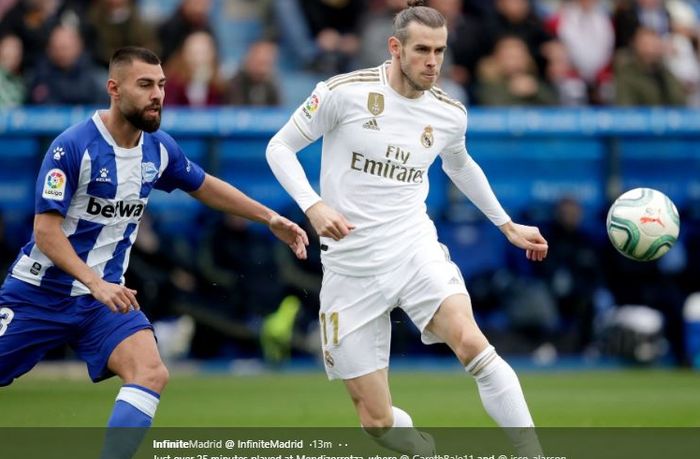 Pemain sayap Real Madrid, Gareth Bale, pada laga melawan Alaves di Liga Spanyol.