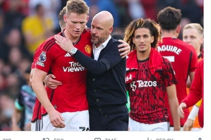 Scott McTominay dan Erik ten Hag usai mencetak gol kemenangan Manchester United ke gawang Brentford, Sabtu (7/10/2023).