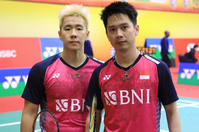 Ganda putra Indonesia, Marcus Fernaldi Gideon/Kevin Sanjaya Sukamuljo usai melakoni babak pertama India Open 2023, Selasa (17/1/2023)