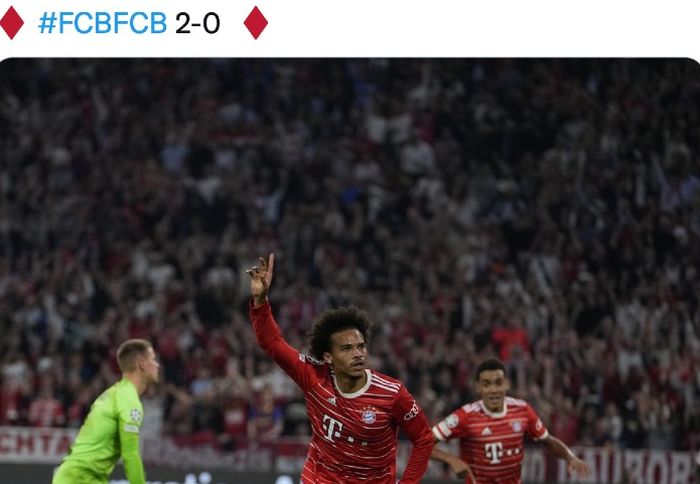 Selebrasi pemain Bayern Muenchen, Leroy Sane, usai mencetak gol ke gawang Barcelona pada matchday 2 Liga Champions musim 2022-2023 di Allianz Arena, Jerman, Rabu (14/9/2022) dini hari WIB.