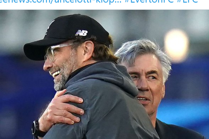 Pelatih Everton, Carlo Ancelotti (kanan) dan juru taktik Liverpool, Juergen Klopp.