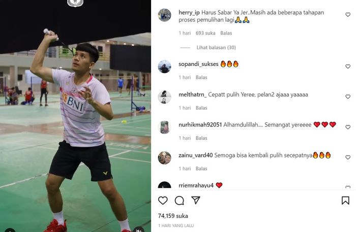 Pemain ganda putra Indonesia, Yeremia Erich Yoche Yacob Rambitan jalani latihan ringan dengan pengawasan tim medis