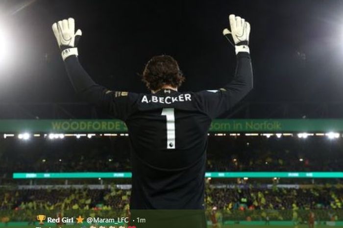 Alisson Becker pada laga Liverpool Vs Norwich di Carrow Road, pada laga pekan ke-26 Liga Inggris, Sabtu (15/2/2020).