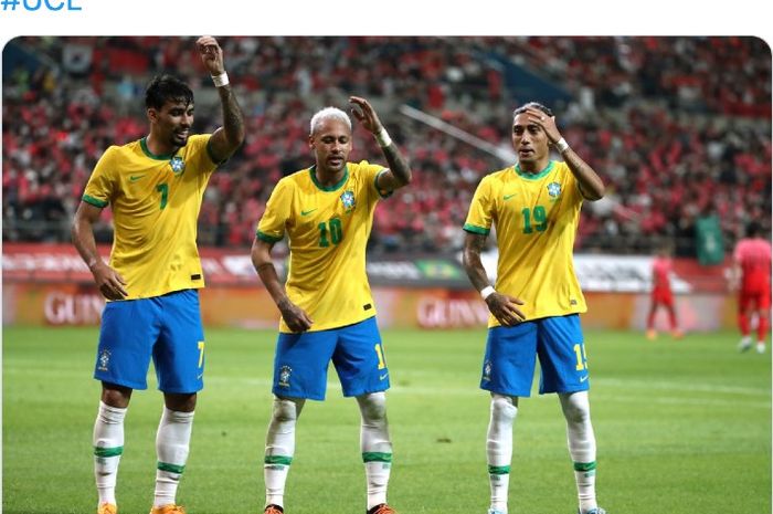 Bintang timnas Brasil, Neymar Jr (tengah), pada laga uji coba melawan Korea Selatan di Seoul World Cup Stadium, Kamis (2/6/2022). 