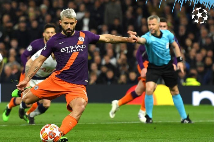 Penyerang Manchester City, Sergio Aguero, gagal mengeksekusi tendangan penalti dalam laga leg I babak perempat final Liga Champions kontra Tottenham Hotspur di Tottenham Hotspur Stadium, 9 April 2019.