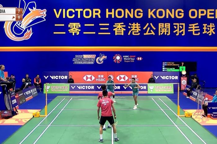 Ganda putra Indonesia, Fajar Alfian/Muhammad Rian Ardianto berlaga di babak kedua Hong Kong Open 2023 di Hong Kong Coliseum, Kowloon, Hong Kong, Kamis (14/9/2023)