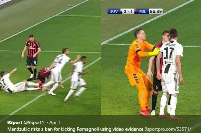 Gambar kiri: Mario Mandzukic (#17) terlihat berusaha menendang Alessio Romagnoli pada pertandingan Juventus vs AC Milan di Stadion Allianz Turin, 6 April 2019. Gambar kanan: Krzysztof Piatek bersitegang dengan Mandzukic tetapi dicegah Wojciech Sczeszny.