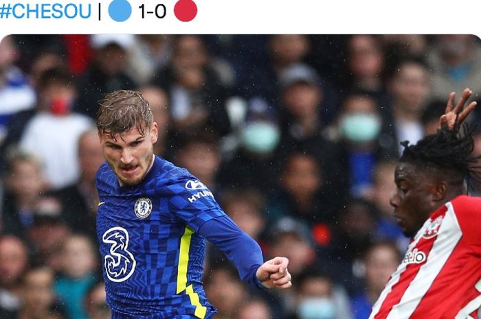 Striker Chelsea, Timo Werner, tampil melawan Southampton pada laga Liga Inggris di Stadion Stamford Bridge, Sabtu (2/10/2021).