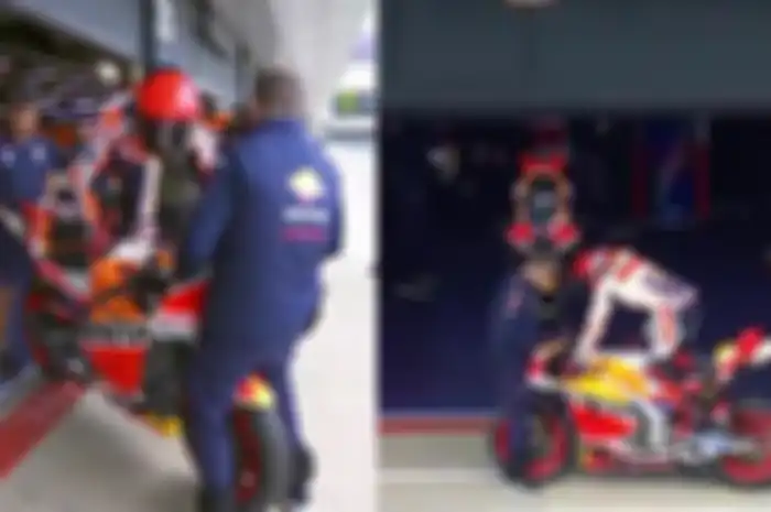 Gaya aneh Marc Marquez naik turun motor MotoGP Honda RC213V di MotoGP Inggris 2023 di sirkuit Silvestone