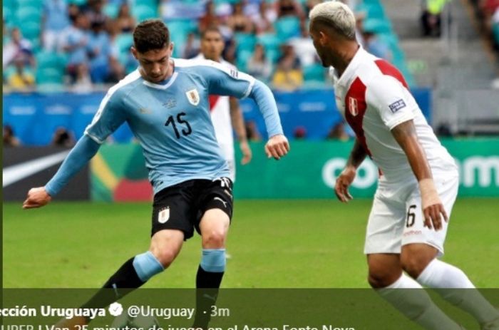 Gelandang timnas Uruguay, Fede Valverde, dalam laga kontra PEru apda perempat final Copa America 2019, Sabtu (29/6/2019).