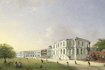 Litograf Paleis Buitenzorg yang mengalami kerusakan parah pada saat gempa bumi menerjang pada 11 Oktober 1834.