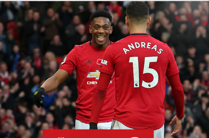 Gelandang Manchester United, Andreas Pereira, merayakan golnya bersama Anthony Martial dalam laga Liga Inggris melawan Brighton &amp; Hove Albion di Stadion Old Trafford, Minggu (10/11/2019).