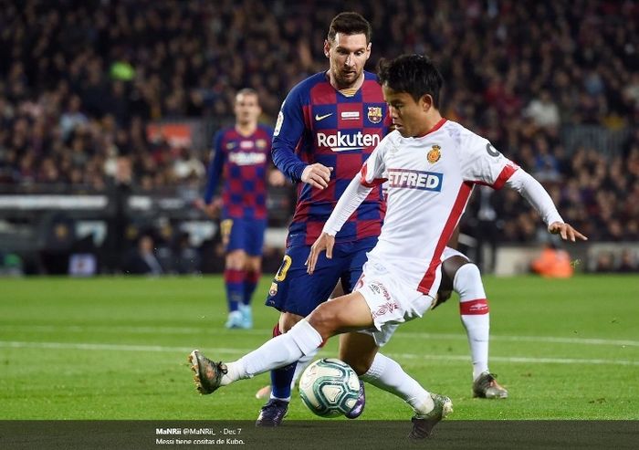 Aksi pemain muda Mallorca, Takefusa Kubo, dalma laga melawan Barcelona di Camp Nou, Sabtu (7/12/2019).