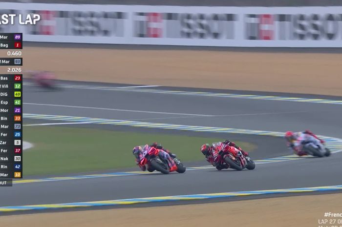 Francesco Bagnaia (Ducati Lenovo) diapit Jorge Martin (Prima Pramac) dan Marc Marquez (Gresini) dalam perebutan gelar juara MotoGP Prancis 2024 di Sirkuit Le Mans, Prancis, Minggu (12/5/2024).