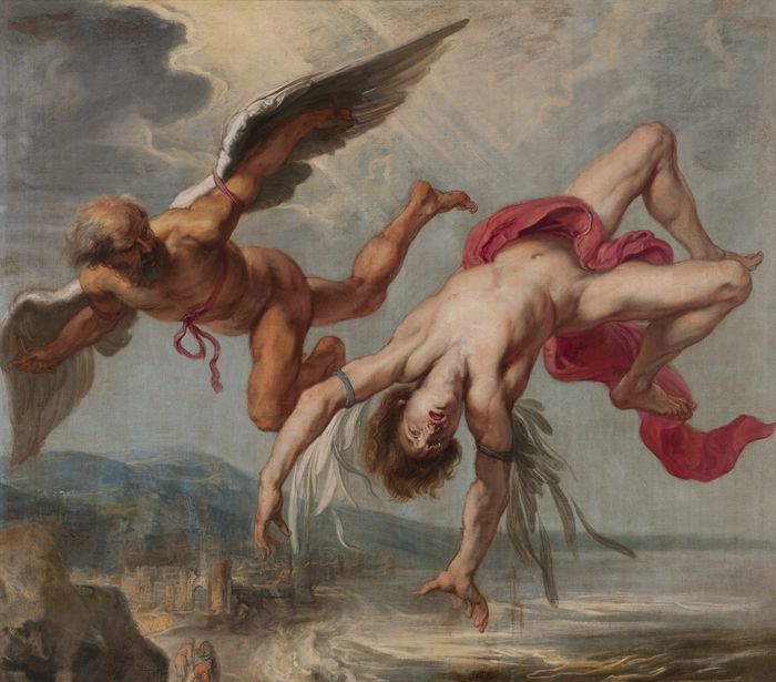 Icarus jatuh karena terbang terlalu dekat dengan matahari dan akhirnya tewas seketika.