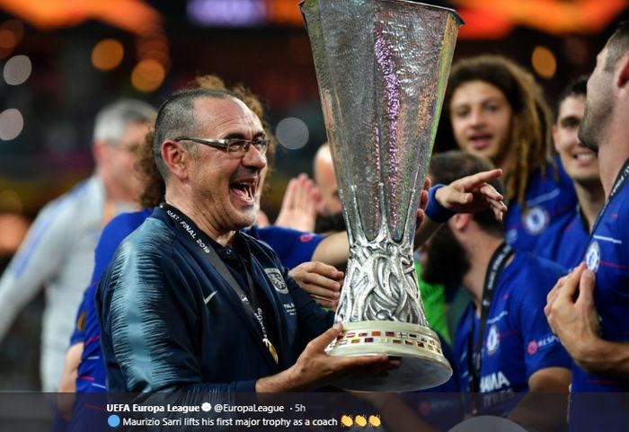 Ekspresi Maurizio Sarri, seusai menjuarai Liga Europa musim 2018-2019 bersama Chelsea.