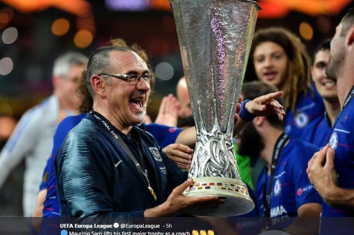 Ekspresi Maurizio Sarri, seusai menjuarai Liga Europa musim 2018-2019 bersama Chelsea.