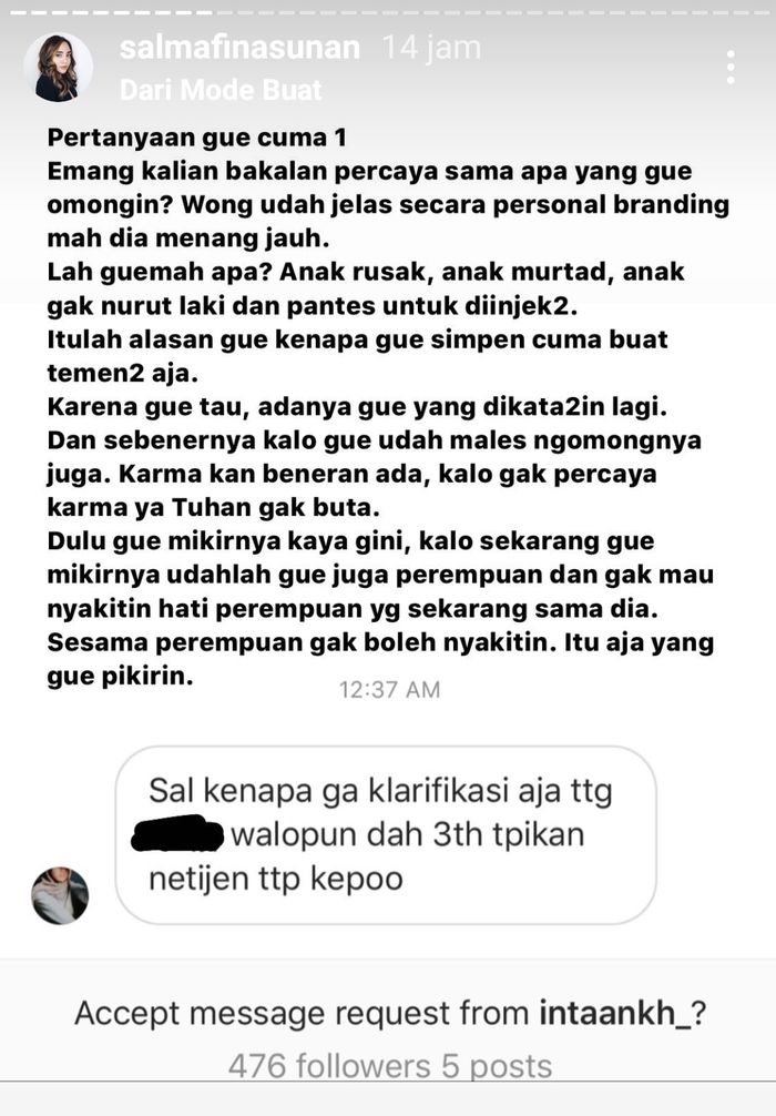 Tanggapan Salmafina Sunan saat diminta netizen untuk klarifikasi penyebab perceraiannya dengan Taqy Malik.