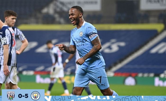 Raheem Sterling mencetak gol saat Manchester City membantai West Bromwich Albion dalam laga Liga Inggris di Stadion The Hawthorns, 26 Januari 2021.