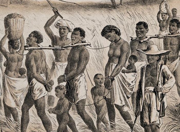 Pria, wanita dan anak-anak Afrika ditangkap untuk dijadikan budak. Litograf, sekitar 1874.