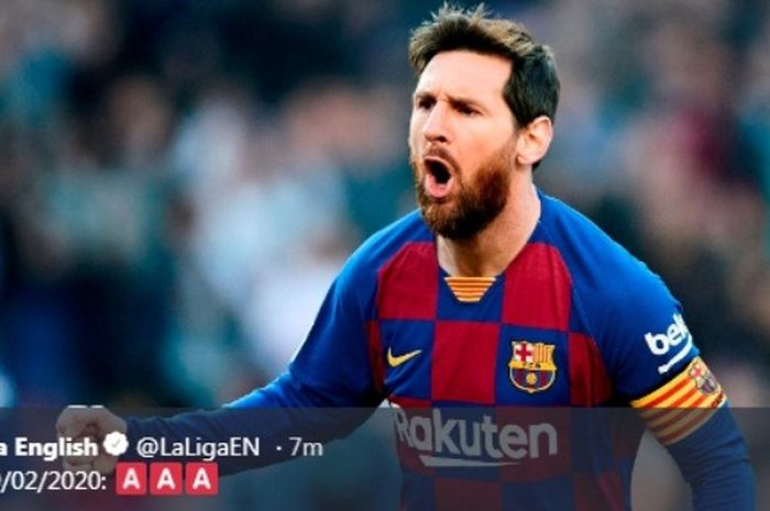 Megabintang Barcelona, Lionel Messi, berselebrasi seusai menjebol gawang Eibar dalam laga Liga Spanyol di Stadion Camp Nou, Sabtu (22/2/2020).