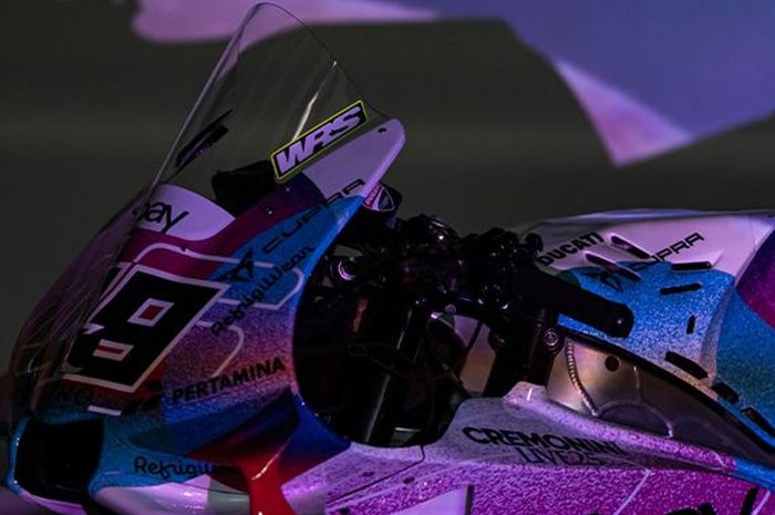 Penampakan livery khusus tim Pertamina Enduro VR46 untuk balapan MotoGP Italia pada 22 Juni 2025 di Sirkuit Mugello, Toscana, Italia.