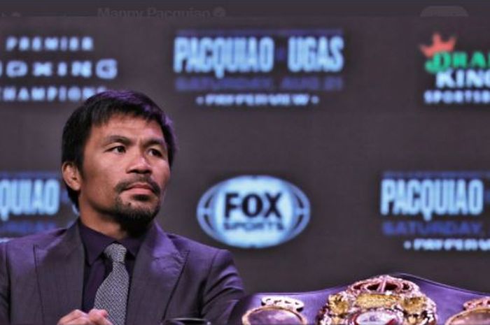 Manny Pacquiao saat menghadiri konferensi pers menjelang laga melawan Yordenis Ugas pada Rabu (18/8/2021).