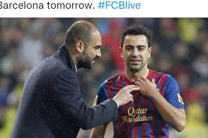 Pep Guardiola saat melatih Xavi Hernandez di Barcelona.