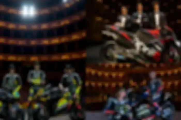3 skuat MotoGP 2022 sama-sama launching di panggung teater, Mooney VR46 Racing Team (kiri), Aprilia Racing (kanan atas) dan WithU Yamaha RNF MotoGP Team (kanan bawah) ada persamaan lainnya