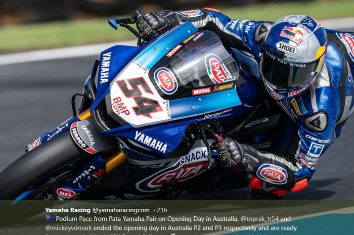 Pembalap tim Pata Yamaha, Toprak Razgatlioglu pada sesi race 1 WSBK Australia, Sabtu (29/2/2020)