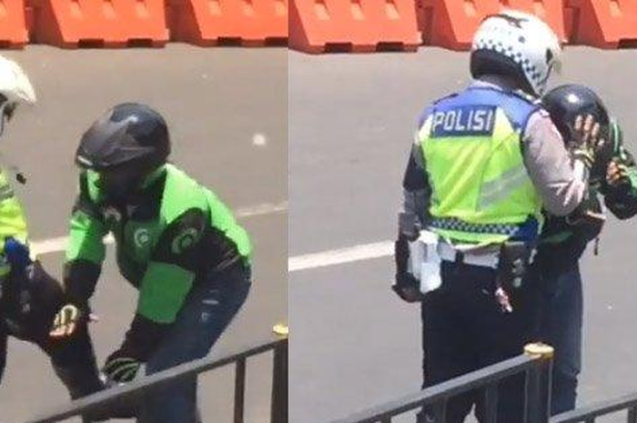 Seorang anggota polisi kedapatan menendang dan memukul driver ojek online, ketika tengah mengamankan jalan yang akan dilalui Preseden