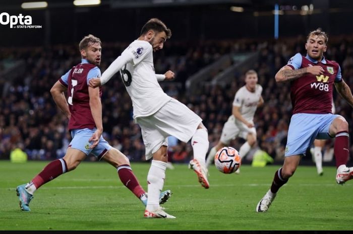 Pemain Man United, Bruno Fernandes, cetak gol super mirip Robin van Persie lewat tembakan voli saat hadapi Burnley pada duel Liga Inggris (23/9/2023).