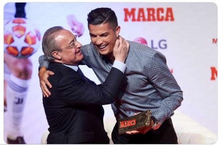 Momen kebersamaan antara presiden Real Madrid, Florentino Perez (kiri) dengan Cristiano Ronaldo.