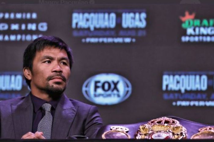 Manny Pacquiao saat menghadiri konferensi pers menjelang laga melawan Yordenis Ugas pada Rabu (18/8/2021).