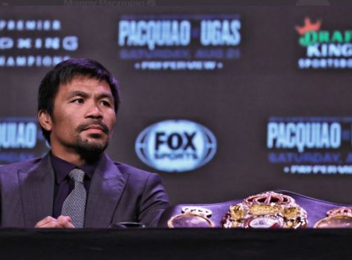 Manny Pacquiao saat menghadiri konferensi pers menjelang laga melawan Yordenis Ugas pada Rabu (18/8/2021).