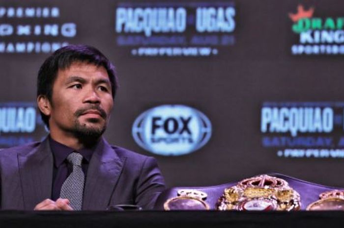 Manny Pacquiao saat menghadiri konferensi pers menjelang laga melawan Yordenis Ugas pada Rabu (18/8/2021).