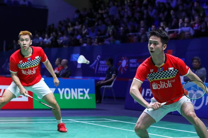 Pasangan ganda putra Indonesia, Marcus Fernaldi Gideon/Kevin Sanjaya Sukamuljo, turun pada babak pertama French Open 2019 di Paris, Prancis, Rabu (23/10/2019).