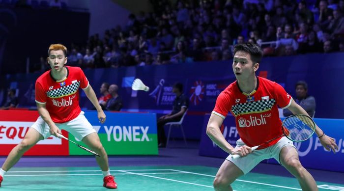 Pasangan ganda putra Indonesia, Marcus Fernaldi Gideon/Kevin Sanjaya Sukamuljo, turun pada babak pertama French Open 2019 di Paris, Prancis, Rabu (23/10/2019).