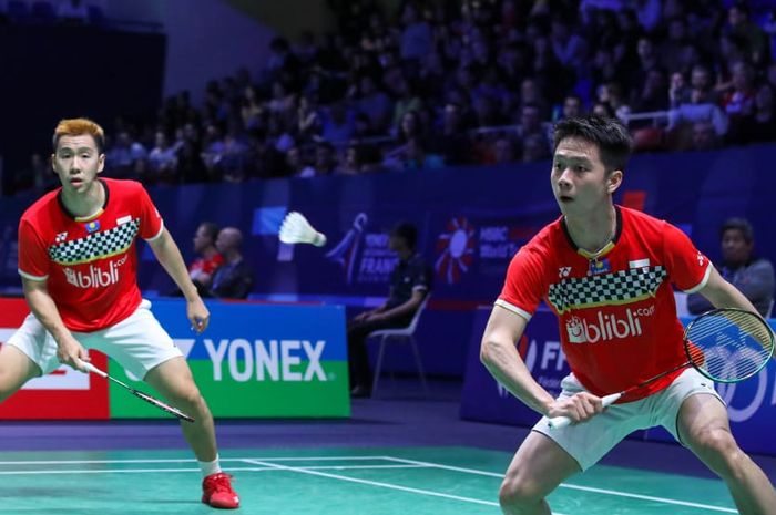 Pasangan ganda putra Indonesia, Marcus Fernaldi Gideon/Kevin Sanjaya Sukamuljo, turun pada babak pertama French Open 2019 di Paris, Prancis, Rabu (23/10/2019).