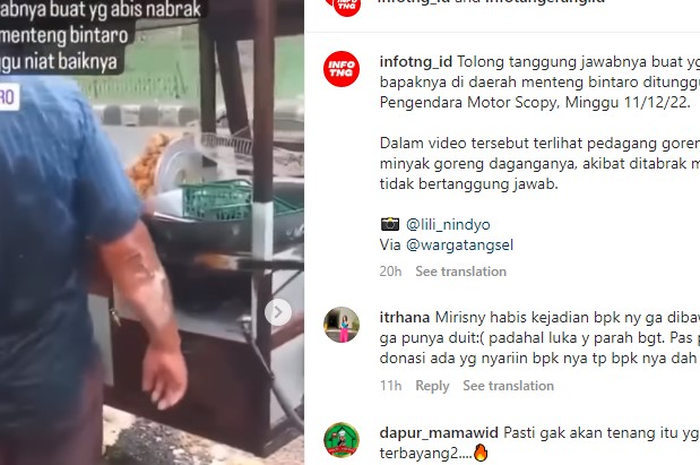 Viral di media sosial pedagang gorengan beserta gerobaknya ditabrak pengendara motor matic Honda Scoopy.