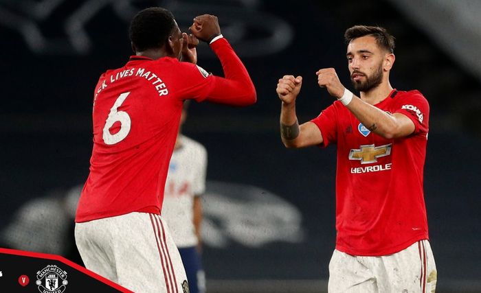 Bruno Fernandes dan Paul Pogba membela Manchester United saat menghadapi Tottenham Hotspur dalam laga pekan ke-30 Liga Inggris, Sabtu (20/6/2020) dini hari WIB.