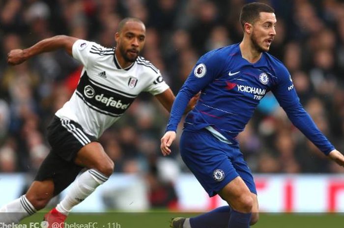 Winger Chelsea, Eden Hazard, menggiring bola dalam laga pekan ke-29 Liga Inggris versus Fulham, di Stadion Craven Cottage, 3 Maret 2019.