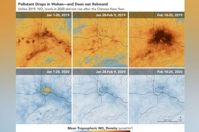 Gambar satelit yang dirilis oleh NASA dan Badan Antariksa Eropa menunjukkan bahwa polusi udara di Tiongkok menurun sejak wabah COVID-19 menyebar